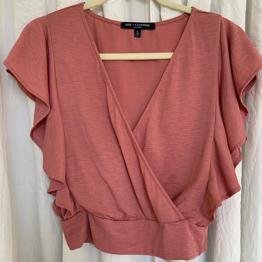 Dusty Rose Flutter Sleeve Cropped Crossover Lightweight Summer Top